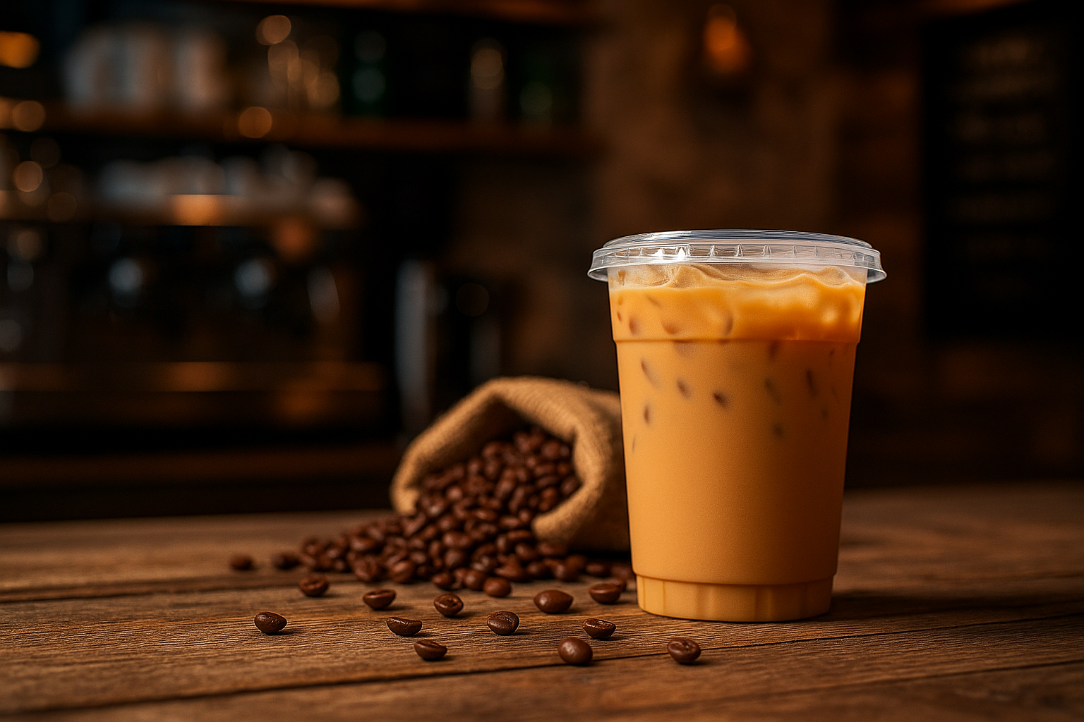 Modern coffee shop interior with comfortable seating and warm lighting